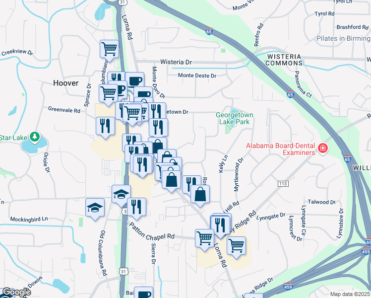map of restaurants, bars, coffee shops, grocery stores, and more near 3139 Carousel Court in Hoover