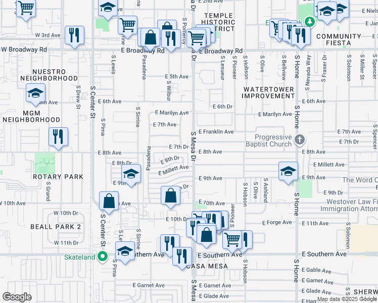 map of restaurants, bars, coffee shops, grocery stores, and more near 760 South Mesa Drive in Mesa