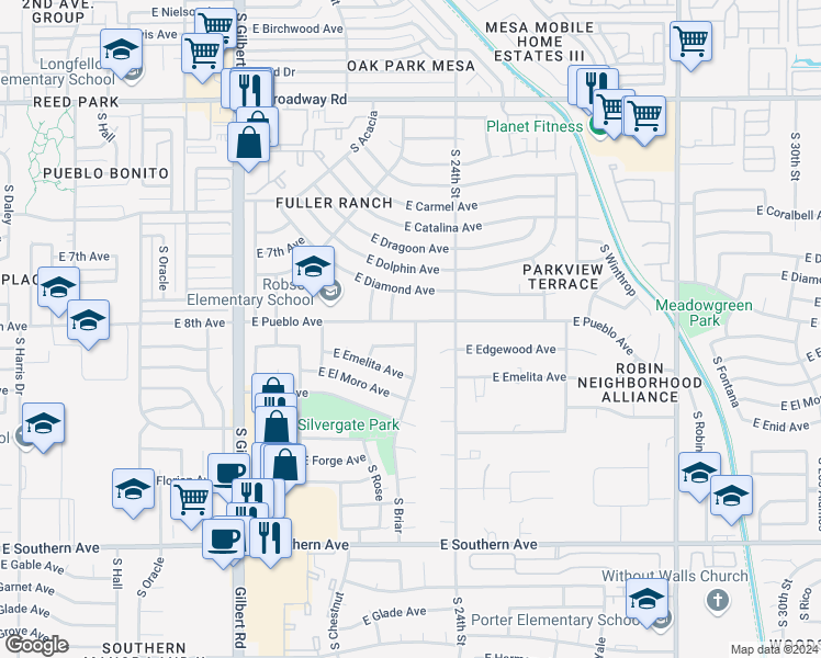 map of restaurants, bars, coffee shops, grocery stores, and more near 2263 East Pueblo Avenue in Mesa