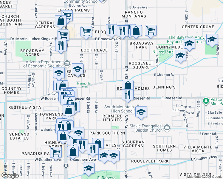 map of restaurants, bars, coffee shops, grocery stores, and more near 5108 South 6th Street in Phoenix
