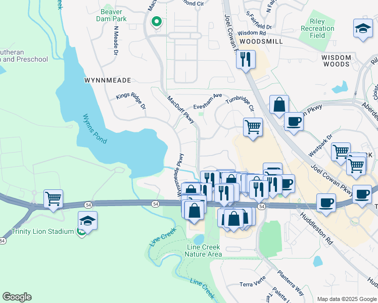 map of restaurants, bars, coffee shops, grocery stores, and more near 118 Wynnmeade Parkway in Peachtree City