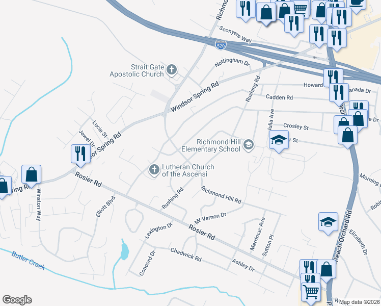 map of restaurants, bars, coffee shops, grocery stores, and more near 2231 Mura Drive in Augusta