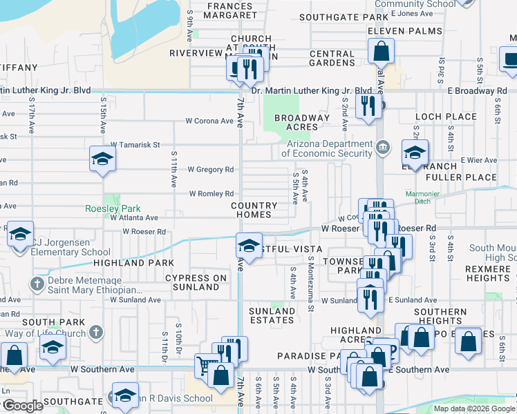 map of restaurants, bars, coffee shops, grocery stores, and more near 638 West Atlanta Avenue in Phoenix