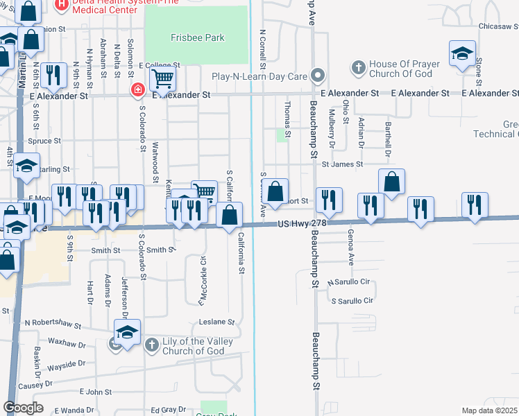 map of restaurants, bars, coffee shops, grocery stores, and more near 515 South Cornell Avenue in Greenville