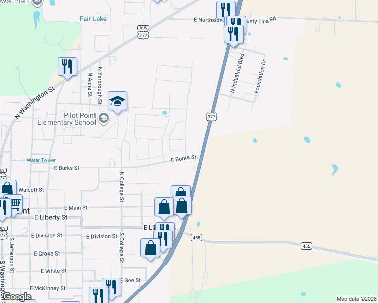 map of restaurants, bars, coffee shops, grocery stores, and more near 400 U.S. 377 in Pilot Point
