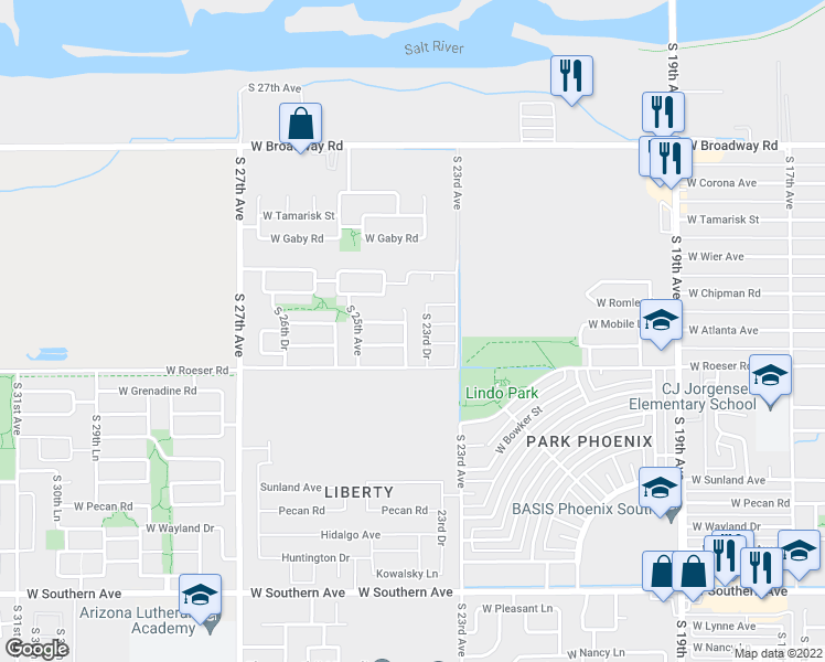 map of restaurants, bars, coffee shops, grocery stores, and more near 5013 South 24th Avenue in Phoenix