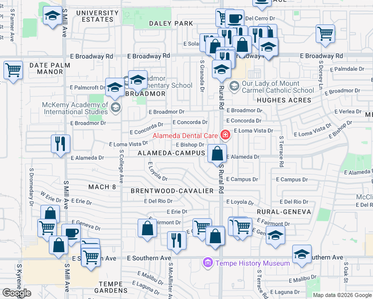 map of restaurants, bars, coffee shops, grocery stores, and more near in Tempe