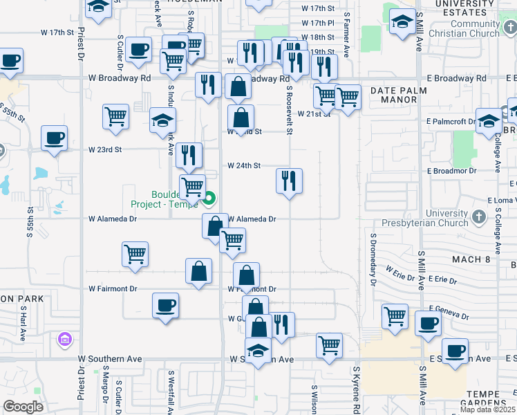 map of restaurants, bars, coffee shops, grocery stores, and more near 734 West Alameda Drive in Tempe