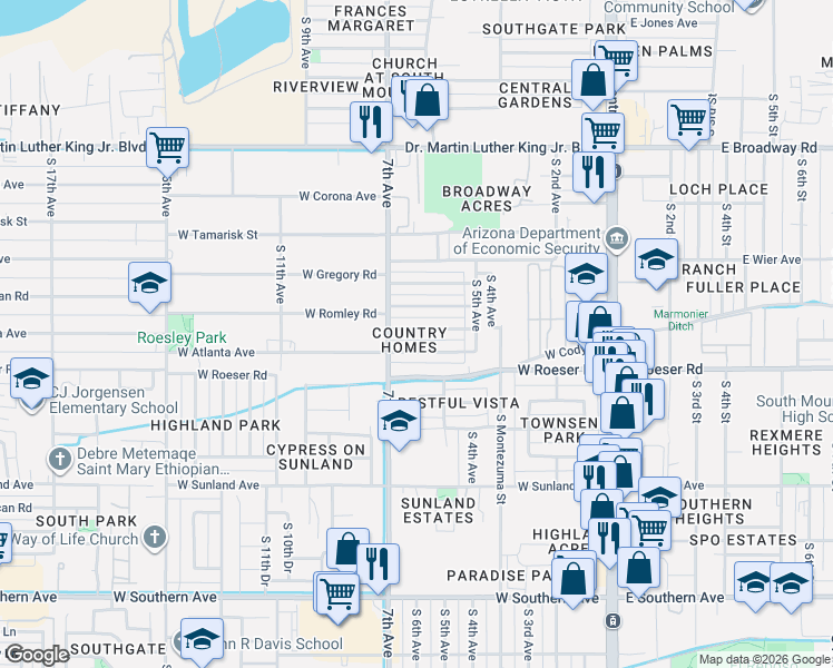 map of restaurants, bars, coffee shops, grocery stores, and more near 638 West Atlanta Avenue in Phoenix