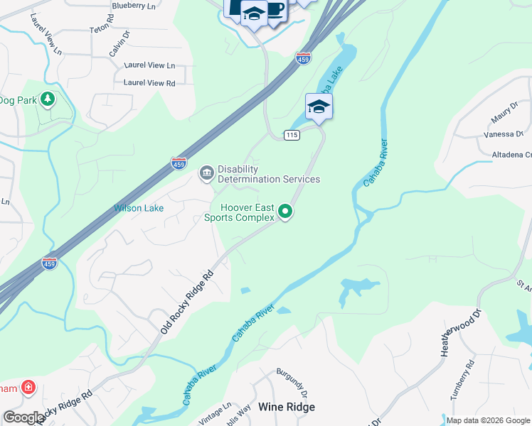map of restaurants, bars, coffee shops, grocery stores, and more near 2640 Old Rocky Ridge Road in Birmingham