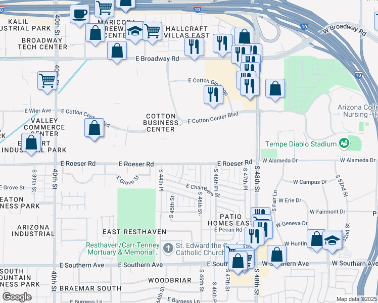 map of restaurants, bars, coffee shops, grocery stores, and more near 4425 East Cotton Center Boulevard in Phoenix