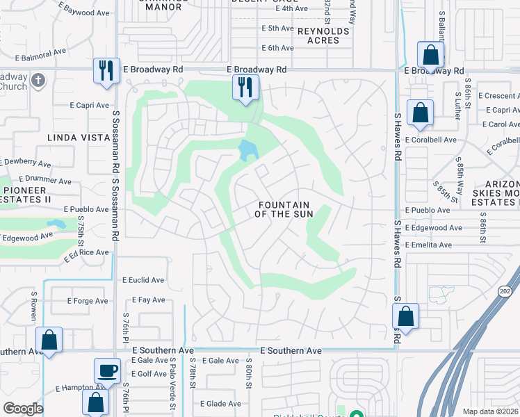 map of restaurants, bars, coffee shops, grocery stores, and more near 6561 East Pueblo Avenue in Mesa