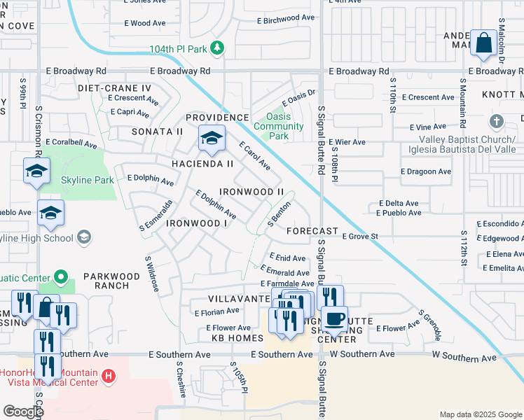 map of restaurants, bars, coffee shops, grocery stores, and more near 705 South Canfield in Mesa