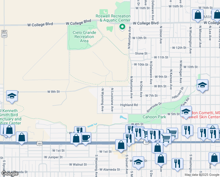 map of restaurants, bars, coffee shops, grocery stores, and more near 1500 West 8th Street in Roswell