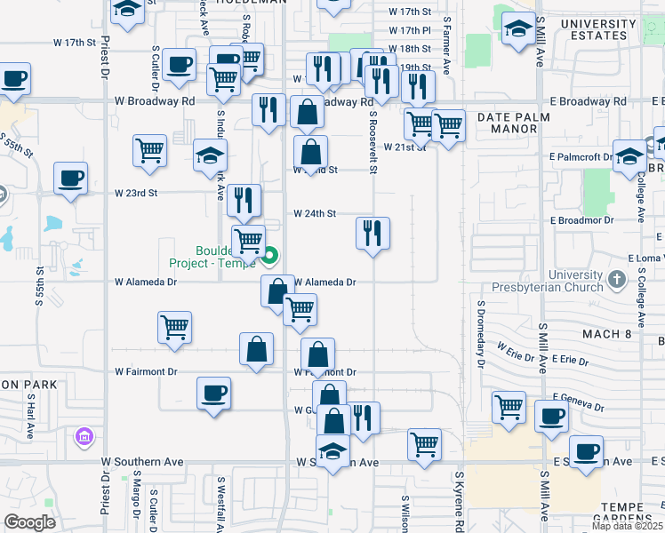 map of restaurants, bars, coffee shops, grocery stores, and more near 734 West Alameda Drive in Tempe