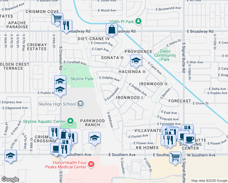 map of restaurants, bars, coffee shops, grocery stores, and more near 10346 East Delta Avenue in Mesa