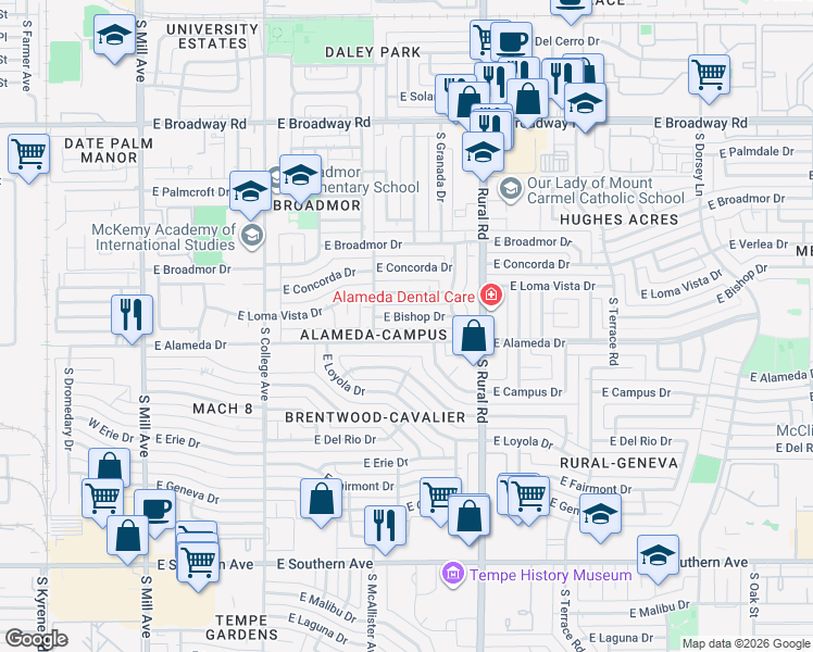 map of restaurants, bars, coffee shops, grocery stores, and more near in Tempe