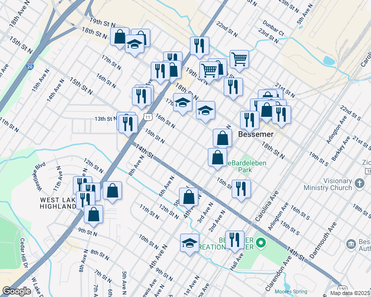 map of restaurants, bars, coffee shops, grocery stores, and more near 613 15th Street North in Bessemer