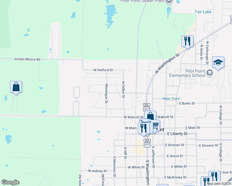 map of restaurants, bars, coffee shops, grocery stores, and more near 507 West Broad Street in Pilot Point