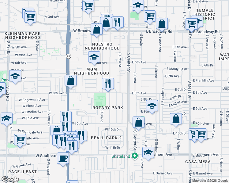 map of restaurants, bars, coffee shops, grocery stores, and more near 54 West 8th Avenue in Mesa
