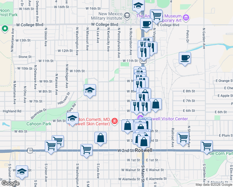 map of restaurants, bars, coffee shops, grocery stores, and more near 707 North Pennsylvania Avenue in Roswell