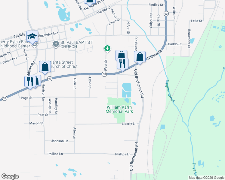 map of restaurants, bars, coffee shops, grocery stores, and more near 2404 Lady Bird Drive in Texarkana