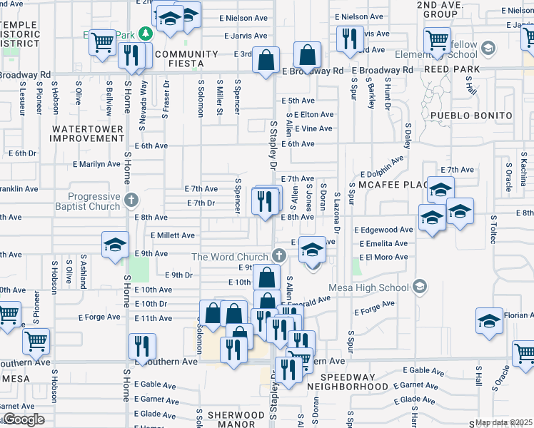 map of restaurants, bars, coffee shops, grocery stores, and more near in Mesa