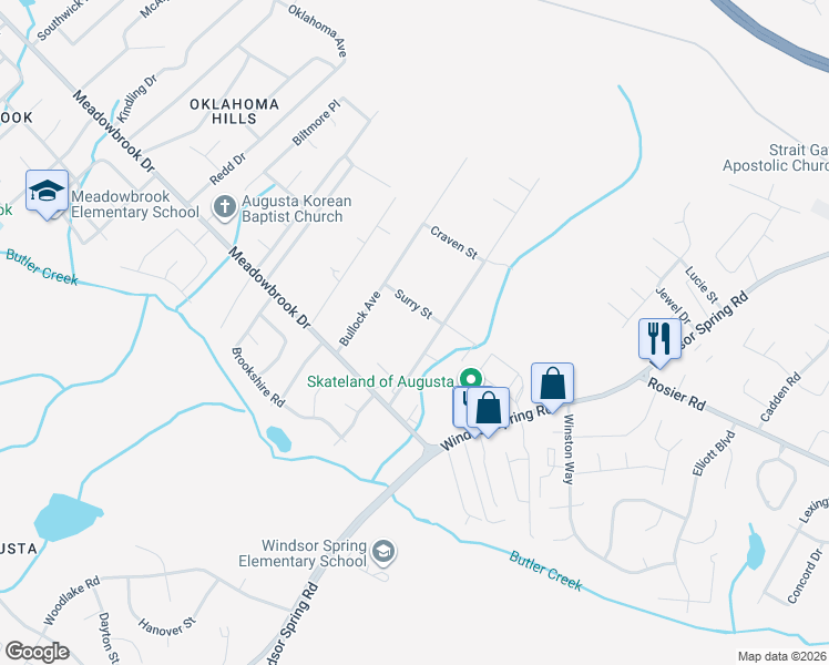 map of restaurants, bars, coffee shops, grocery stores, and more near 3521 Byron Place in Augusta