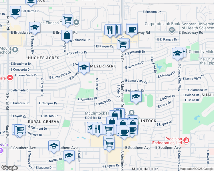 map of restaurants, bars, coffee shops, grocery stores, and more near 1622 East Penny Drive in Tempe