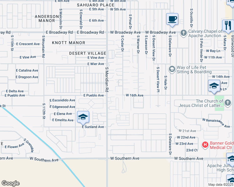 map of restaurants, bars, coffee shops, grocery stores, and more near 1630 South Cedar Drive in Apache Junction