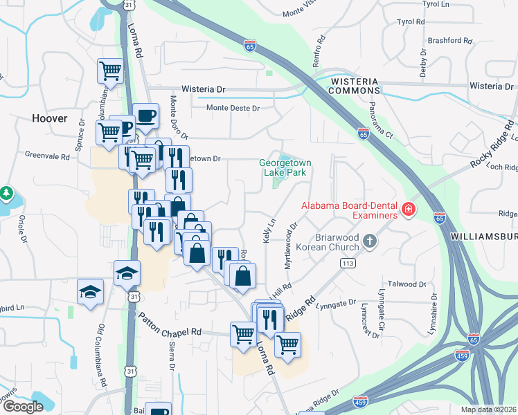 map of restaurants, bars, coffee shops, grocery stores, and more near 3200 Daphne Lane in Birmingham