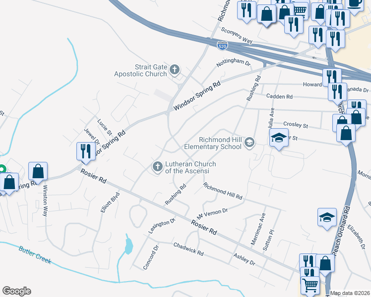 map of restaurants, bars, coffee shops, grocery stores, and more near 3414 Richmond Hill Road in Augusta