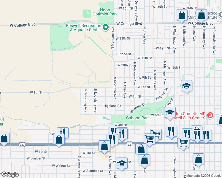 map of restaurants, bars, coffee shops, grocery stores, and more near 1304 West 8th Street in Roswell