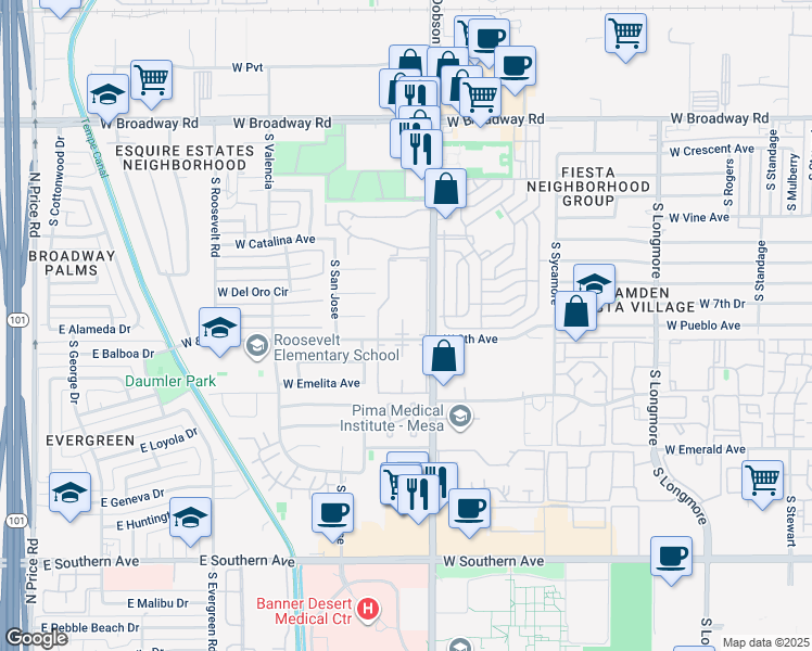 map of restaurants, bars, coffee shops, grocery stores, and more near 720 South Dobson Road in Mesa
