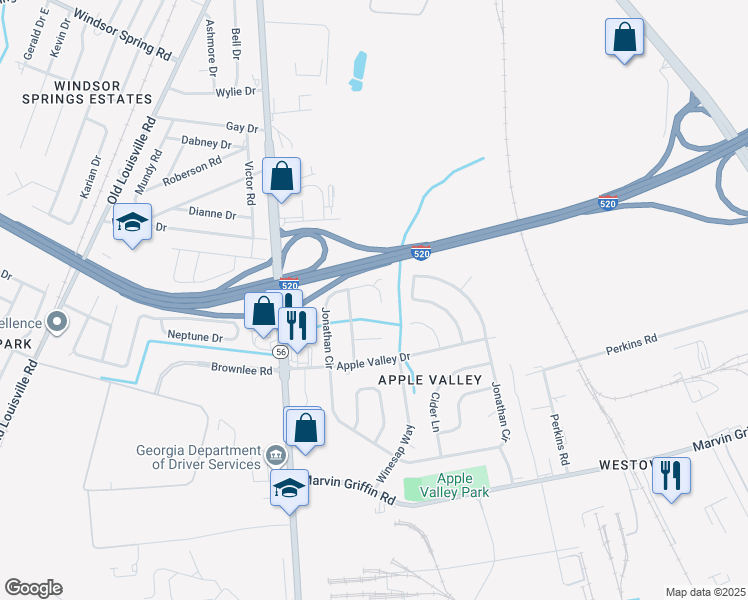 map of restaurants, bars, coffee shops, grocery stores, and more near 1708 Macintosh Terrace in Augusta