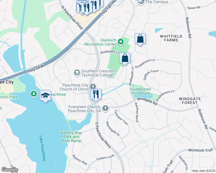 map of restaurants, bars, coffee shops, grocery stores, and more near 207 Clydesdale Rd in Peachtree City