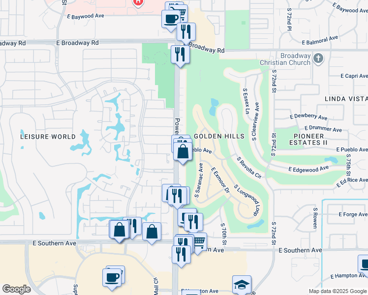 map of restaurants, bars, coffee shops, grocery stores, and more near 801 South Power Road in Mesa