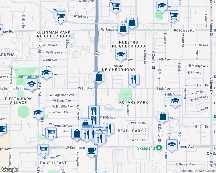 map of restaurants, bars, coffee shops, grocery stores, and more near 313 West 8th Avenue in Mesa