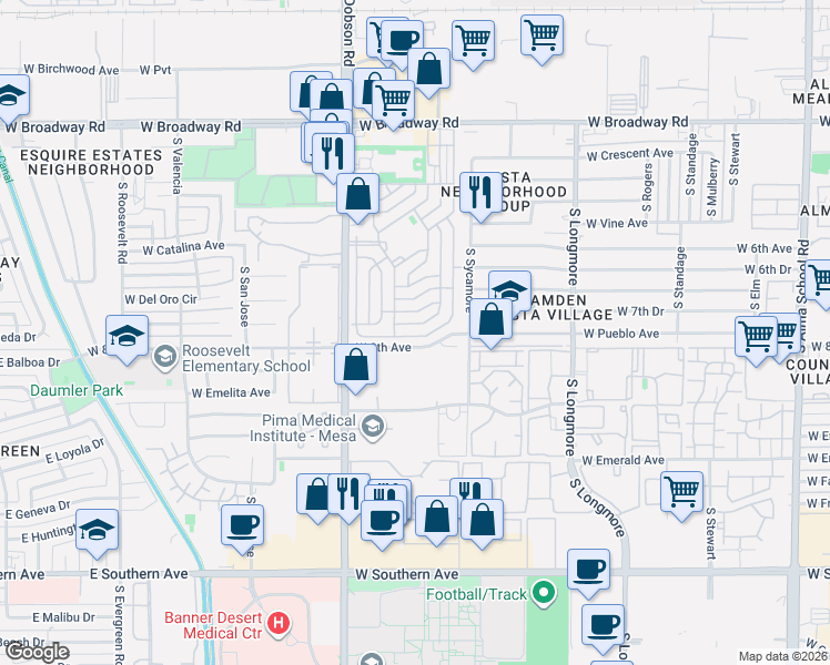 map of restaurants, bars, coffee shops, grocery stores, and more near 1815 West 8th Avenue in Mesa