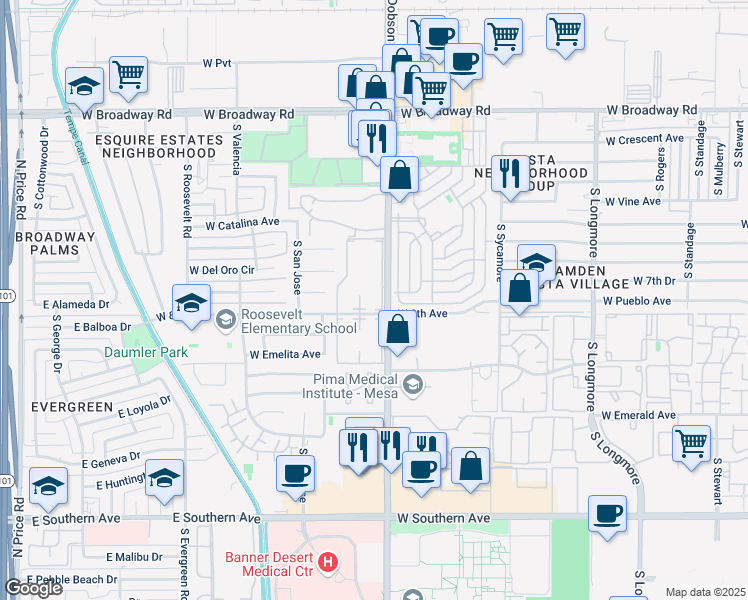 map of restaurants, bars, coffee shops, grocery stores, and more near 701 South Dobson Road in Mesa