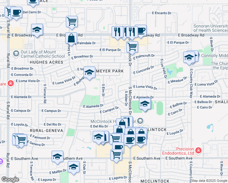 map of restaurants, bars, coffee shops, grocery stores, and more near 1622 East Penny Drive in Tempe