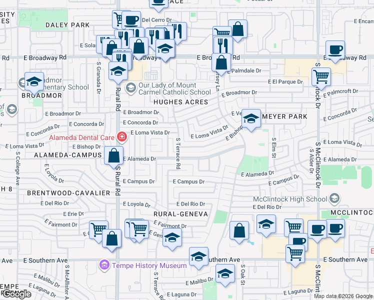 map of restaurants, bars, coffee shops, grocery stores, and more near 1102 East Alameda Drive in Tempe