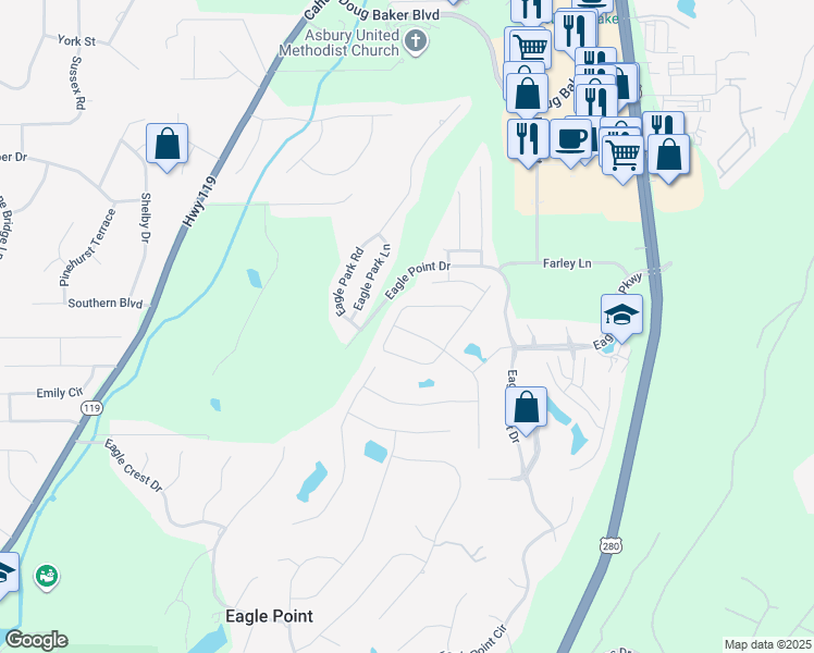 map of restaurants, bars, coffee shops, grocery stores, and more near 249 Griffin Park Trace in Birmingham