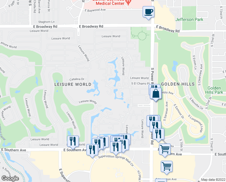 map of restaurants, bars, coffee shops, grocery stores, and more near 675 Leisure World in Mesa