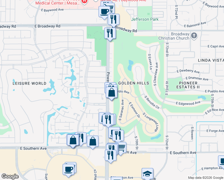 map of restaurants, bars, coffee shops, grocery stores, and more near 801 South Power Road in Mesa