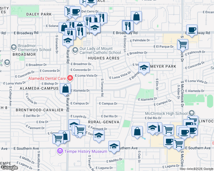 map of restaurants, bars, coffee shops, grocery stores, and more near 1102 East Alameda Drive in Tempe