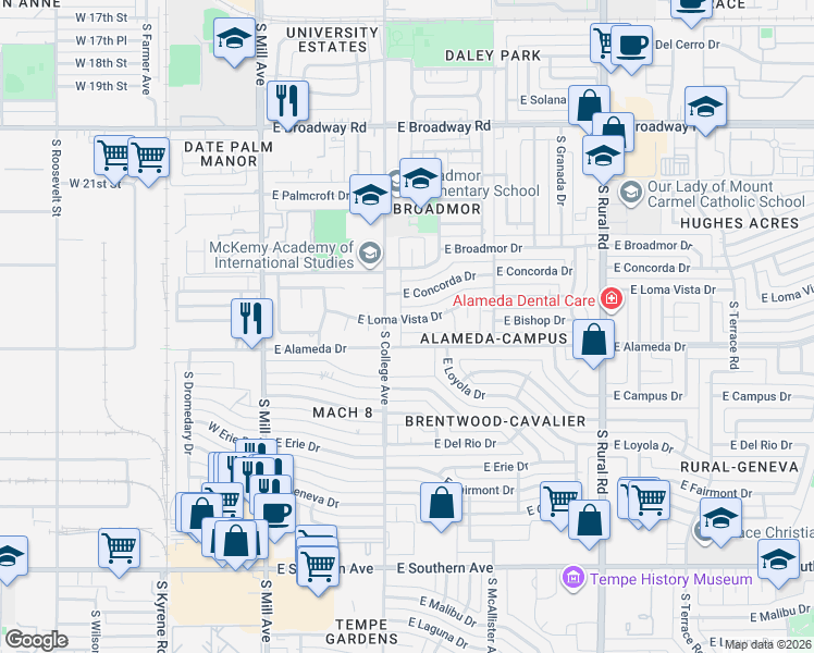 map of restaurants, bars, coffee shops, grocery stores, and more near 2625 South College Avenue in Tempe