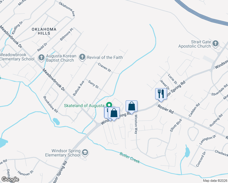 map of restaurants, bars, coffee shops, grocery stores, and more near 2605 Surry Street in Augusta