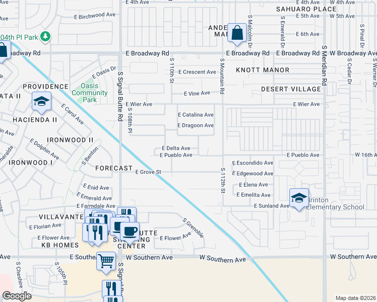 map of restaurants, bars, coffee shops, grocery stores, and more near 11043 East Delta Avenue in Mesa