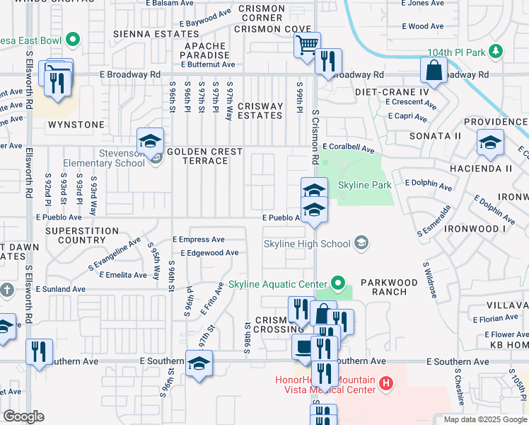 map of restaurants, bars, coffee shops, grocery stores, and more near 9836 East Escondido Avenue in Mesa
